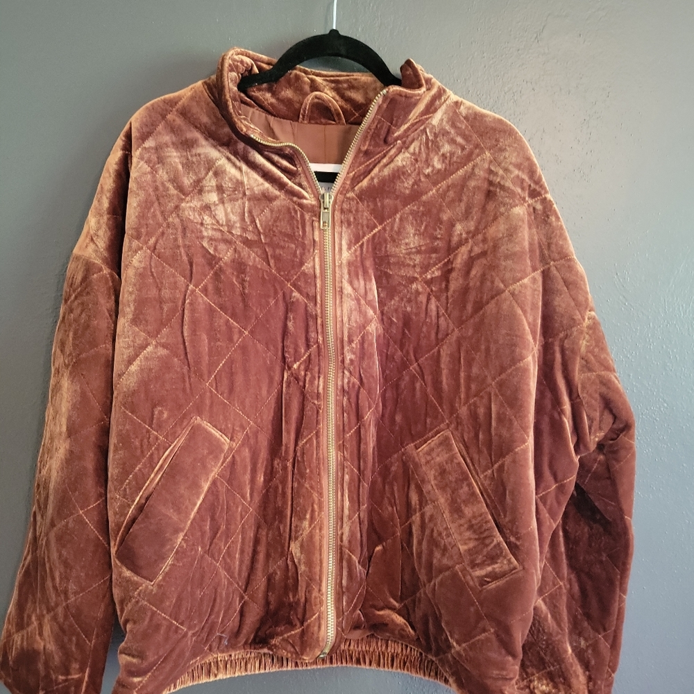 Avec Les Filles Dark Camel/ Rust oversized Quilted Velvet bomber Zip Jacket L